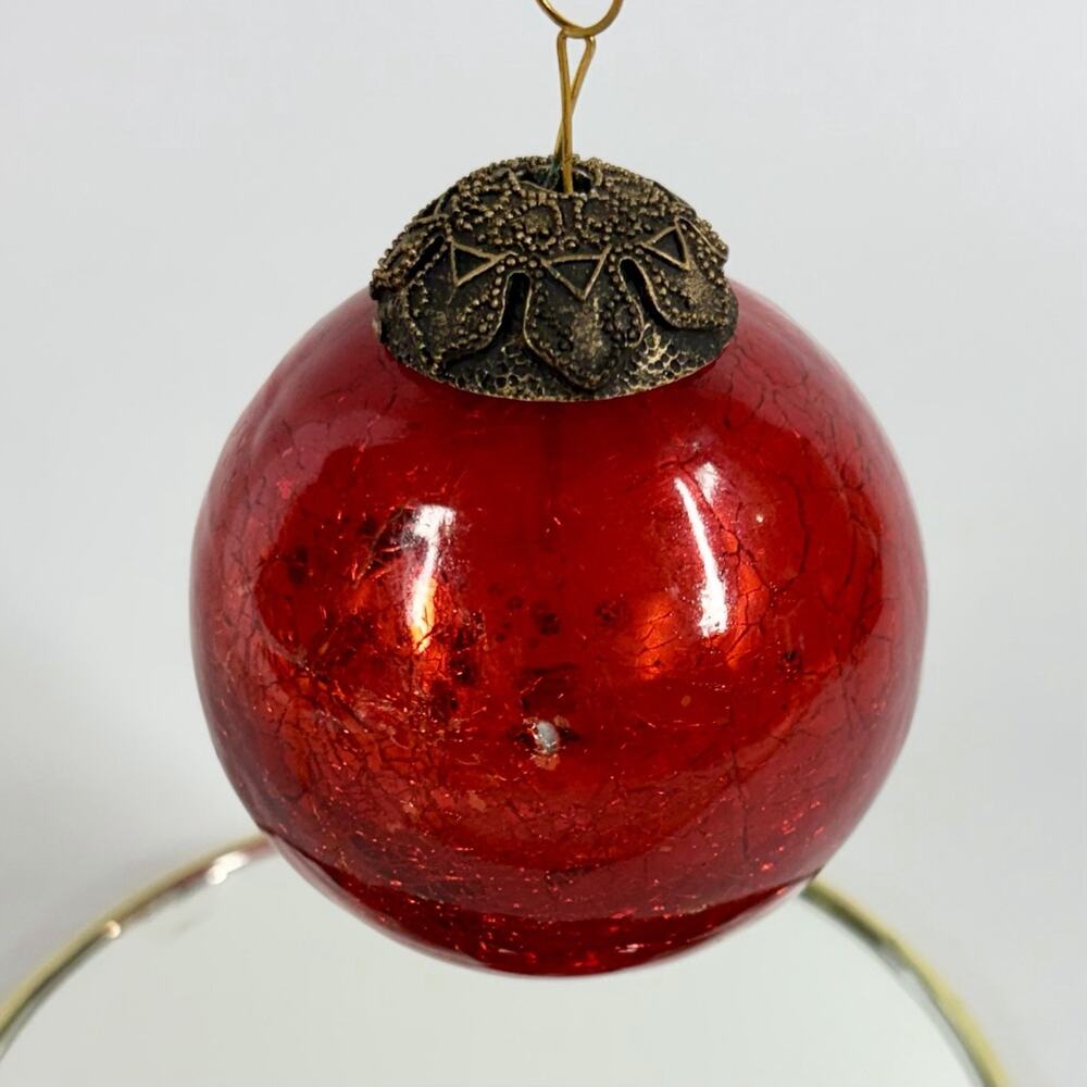 Antique German KUGEL Ornament 3” Red Crackle Mercury Glass Bulb Brass Top Heavy